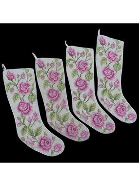 Imperial Elegance Set 4 Pink Rose Flower Floral Needlepoint Christmas Stockings
